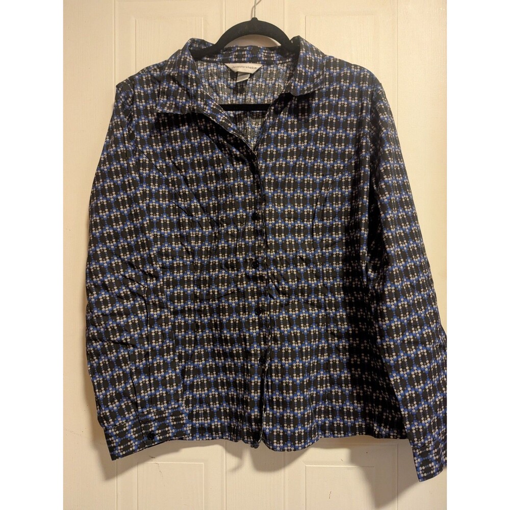 Christopher & Banks Women's XL Blue Polka Dot Woven Button-Down Long Sleeve